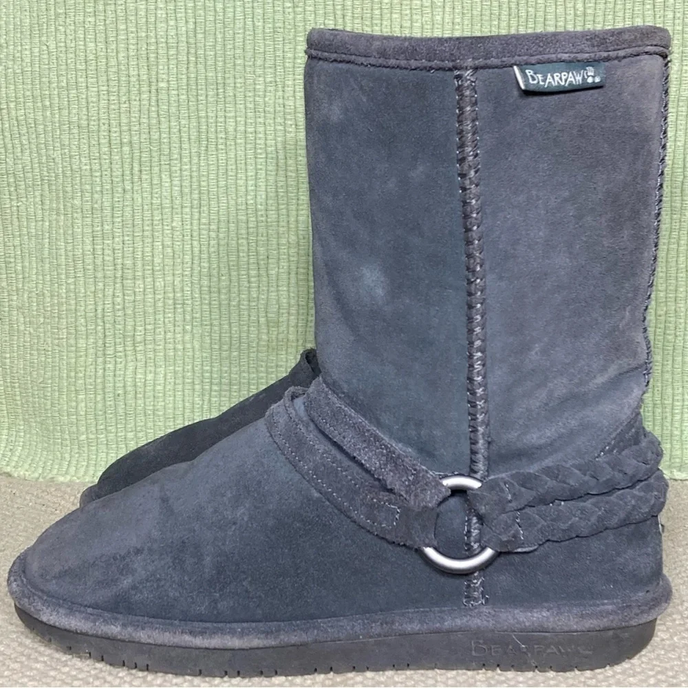 BEARPAW Womens Adele Grey Braided Harness Suede/Wool/Sheepskn Short Boots SZUS 7